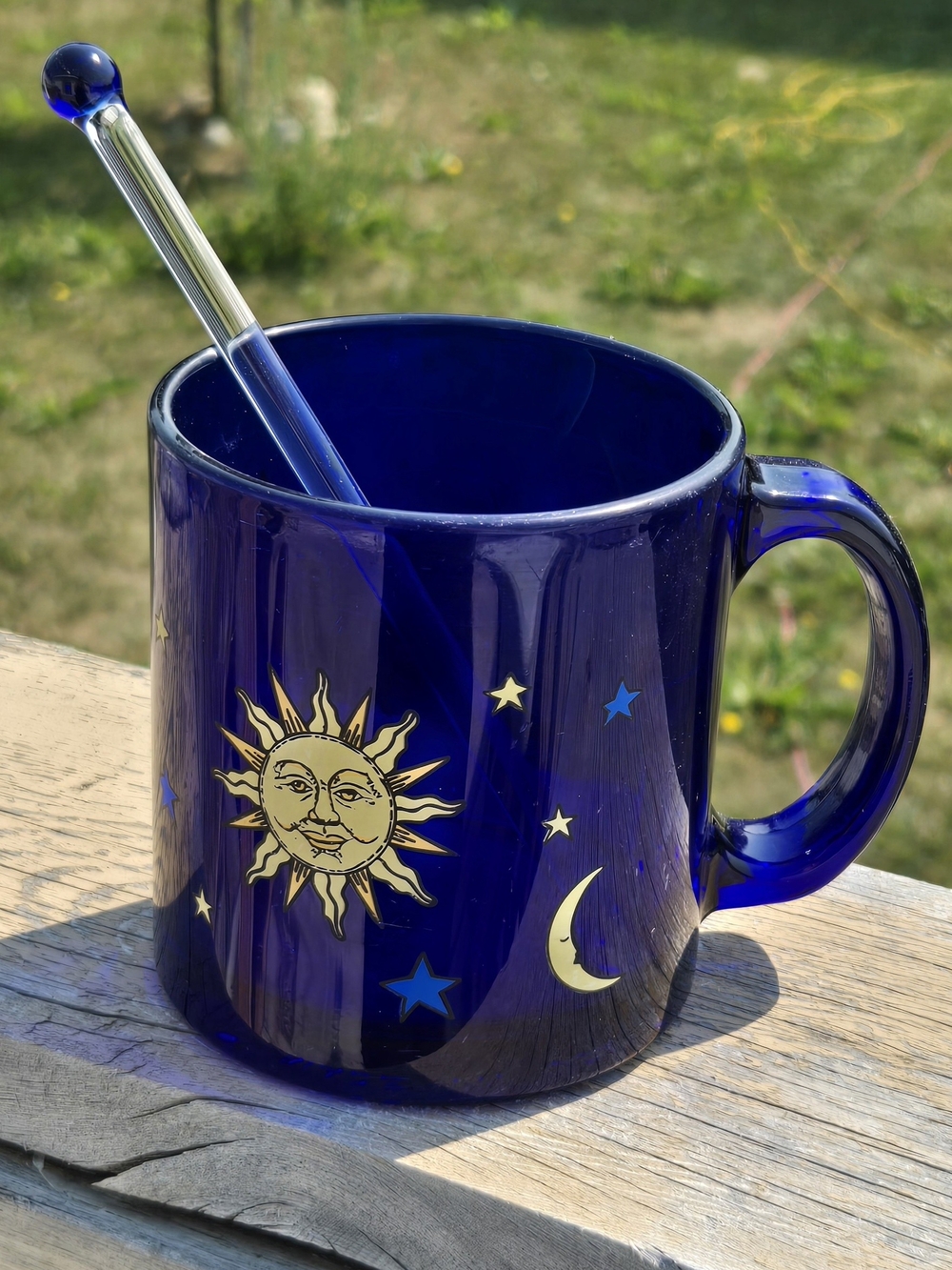 Blue Celestial Glass Mug with Sun & Moon Design